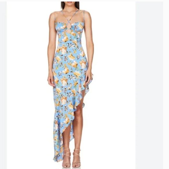 Nookie Simone Cut Out Asymmetrical Ruffle Hem Dress Blue Women's Size XS - Picture 3 of 10